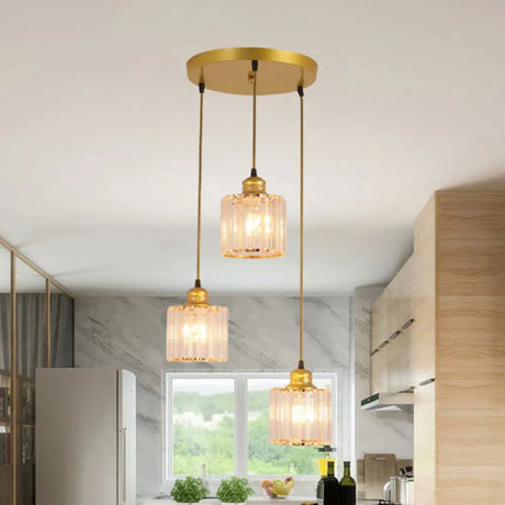 Modern Crystal Cylinder Pendant Light with 3 Bulbs - Gold Finish for Dining Room Gold / Round