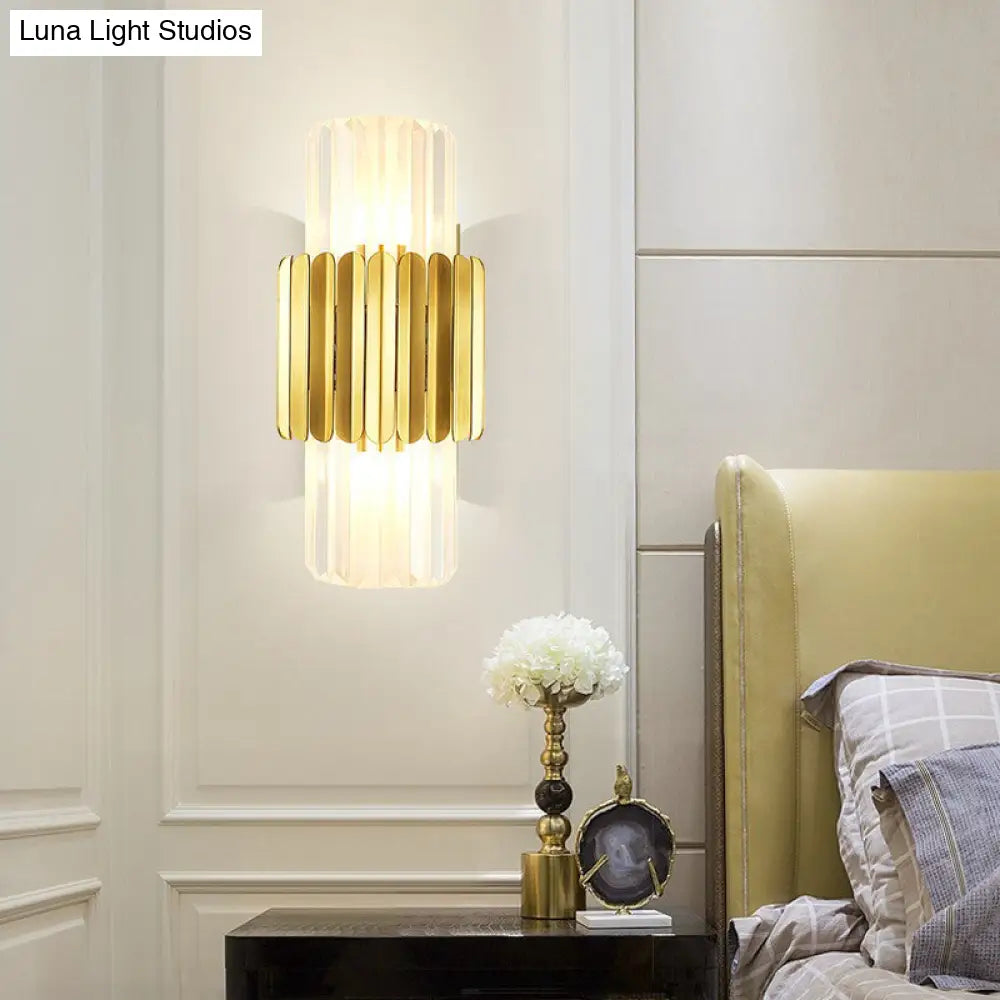 Modern Crystal Cylinder Wall Mount Lamp With 2 Gold Heads - Bedroom Lighting Fixture