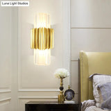 Modern Crystal Cylinder Wall Mount Lamp With 2 Gold Heads - Bedroom Lighting Fixture