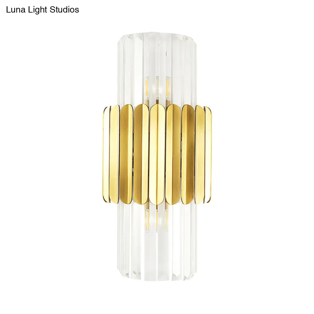 Modern Crystal Cylinder Wall Mount Lamp With 2 Gold Heads - Bedroom Lighting Fixture