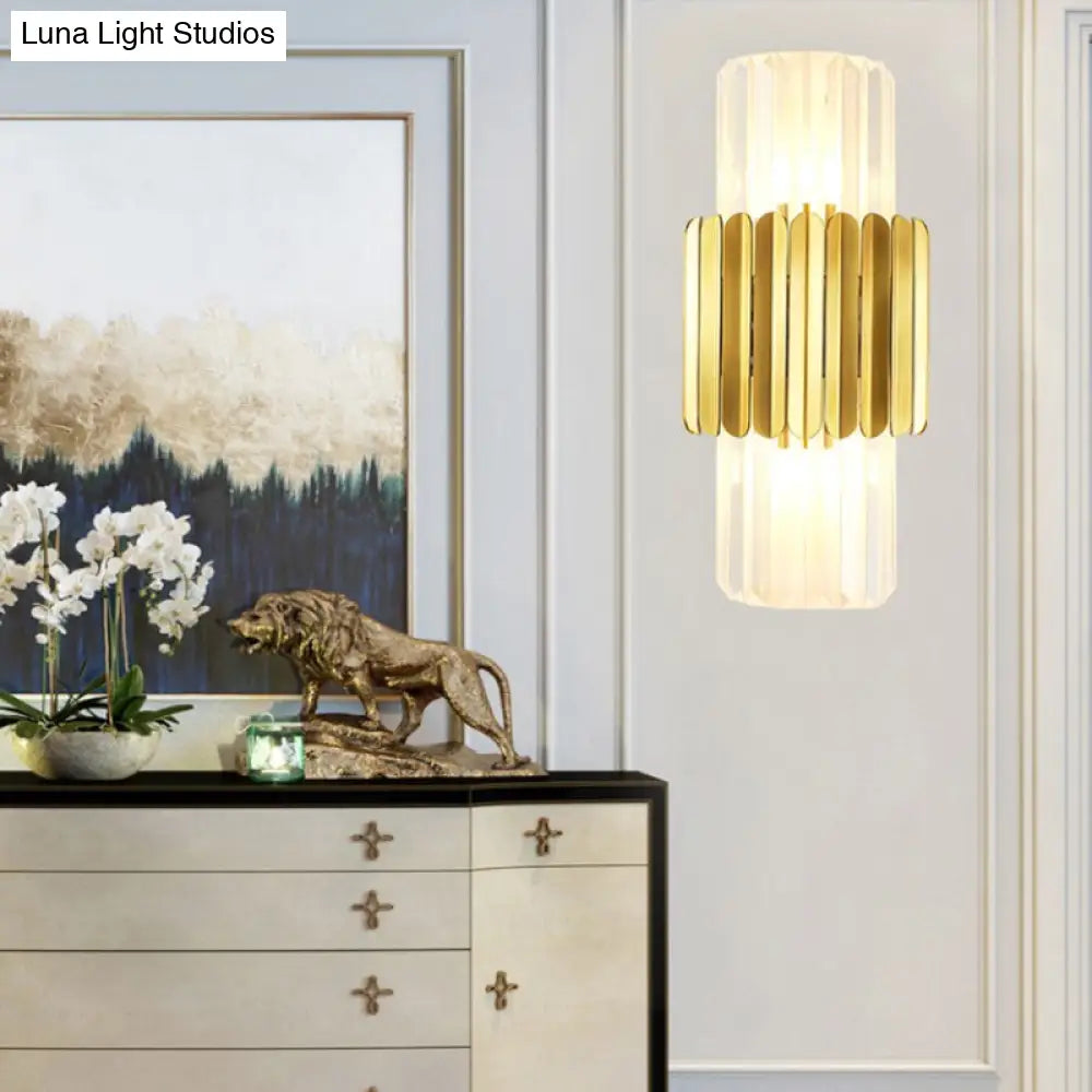 Modern Crystal Cylinder Wall Mount Lamp With 2 Gold Heads - Bedroom Lighting Fixture