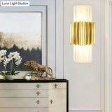 Modern Crystal Cylinder Wall Mount Lamp With 2 Gold Heads - Bedroom Lighting Fixture