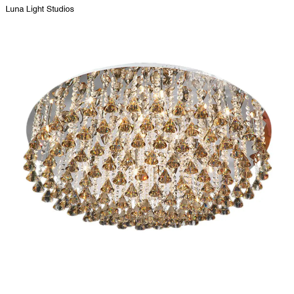 Modern Crystal Drop Nickel Led Drum Ceiling Light Fixture For Living Room
