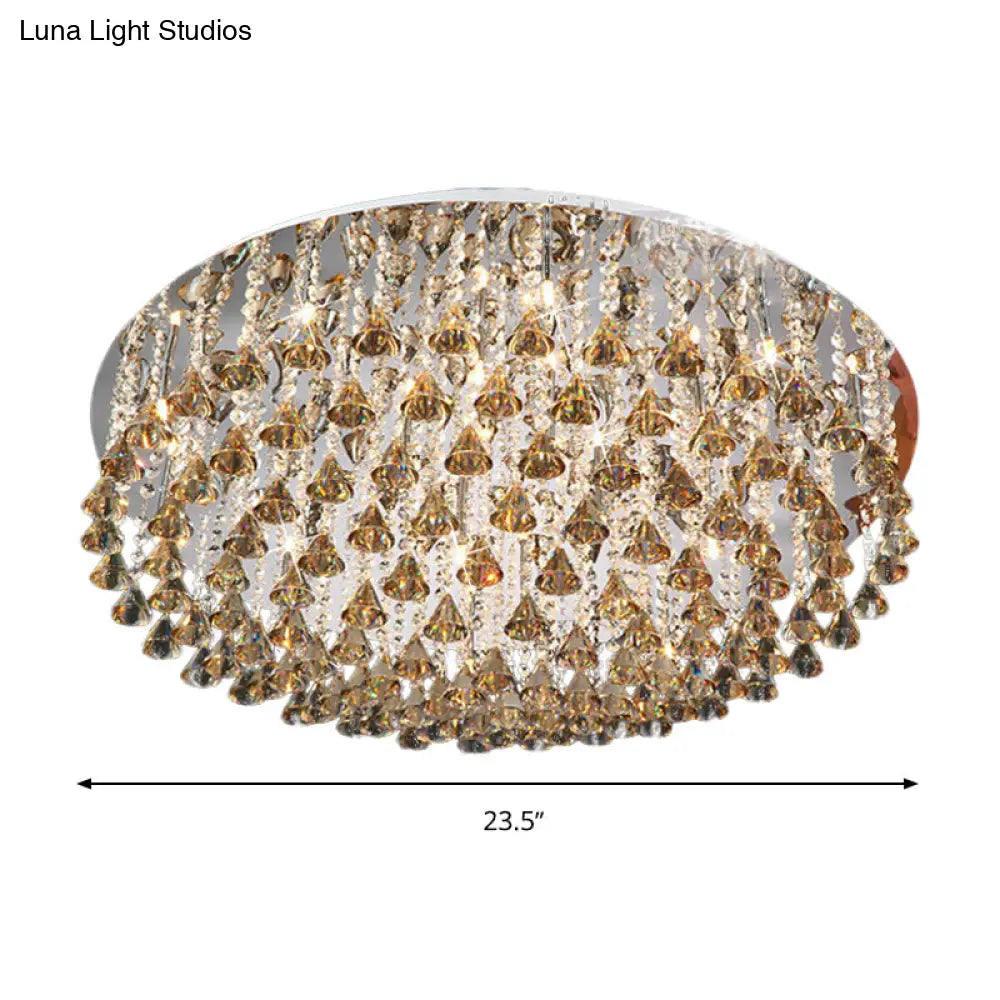 Modern Crystal Drop Nickel Led Drum Ceiling Light Fixture For Living Room