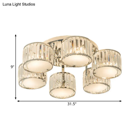 Modern Crystal Drum Shade Ceiling Mount Fixture - 5/6 Heads Clear Living Room Lamp