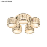 Modern Crystal Drum Shade Ceiling Mount Fixture - 5/6 Heads Clear Living Room Lamp
