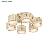 Modern Crystal Drum Shade Ceiling Mount Fixture - 5/6 Heads Clear Living Room Lamp