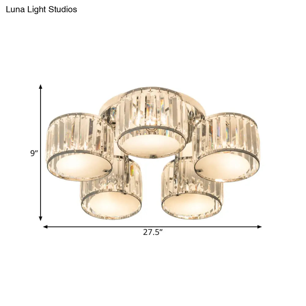 Modern Crystal Drum Shade Ceiling Mount Fixture - 5/6 Heads Clear Living Room Lamp