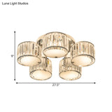 Modern Crystal Drum Shade Ceiling Mount Fixture - 5/6 Heads Clear Living Room Lamp