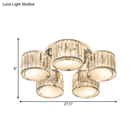 Modern Crystal Drum Shade Ceiling Mount Fixture - 5/6 Heads Clear Living Room Lamp