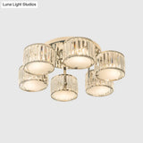 Modern Crystal Drum Shade Ceiling Mount Fixture - 5/6 Heads Clear Living Room Lamp