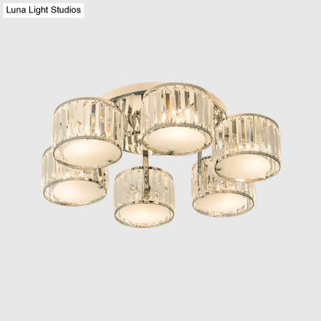 Modern Crystal Drum Shade Ceiling Mount Fixture - 5/6 Heads Clear Living Room Lamp