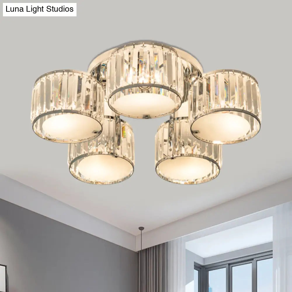 Modern Crystal Drum Shade Ceiling Mount Fixture - 5/6 Heads Clear Living Room Lamp