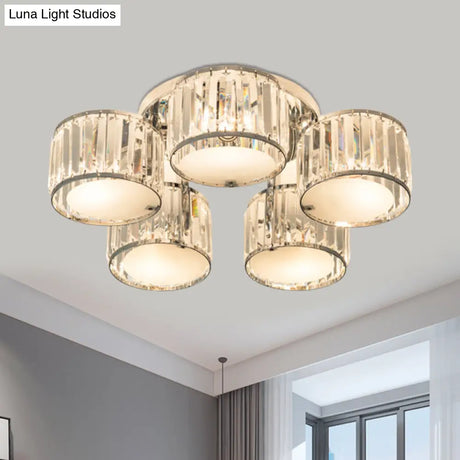 Modern Crystal Drum Shade Ceiling Mount Fixture - 5/6 Heads Clear Living Room Lamp