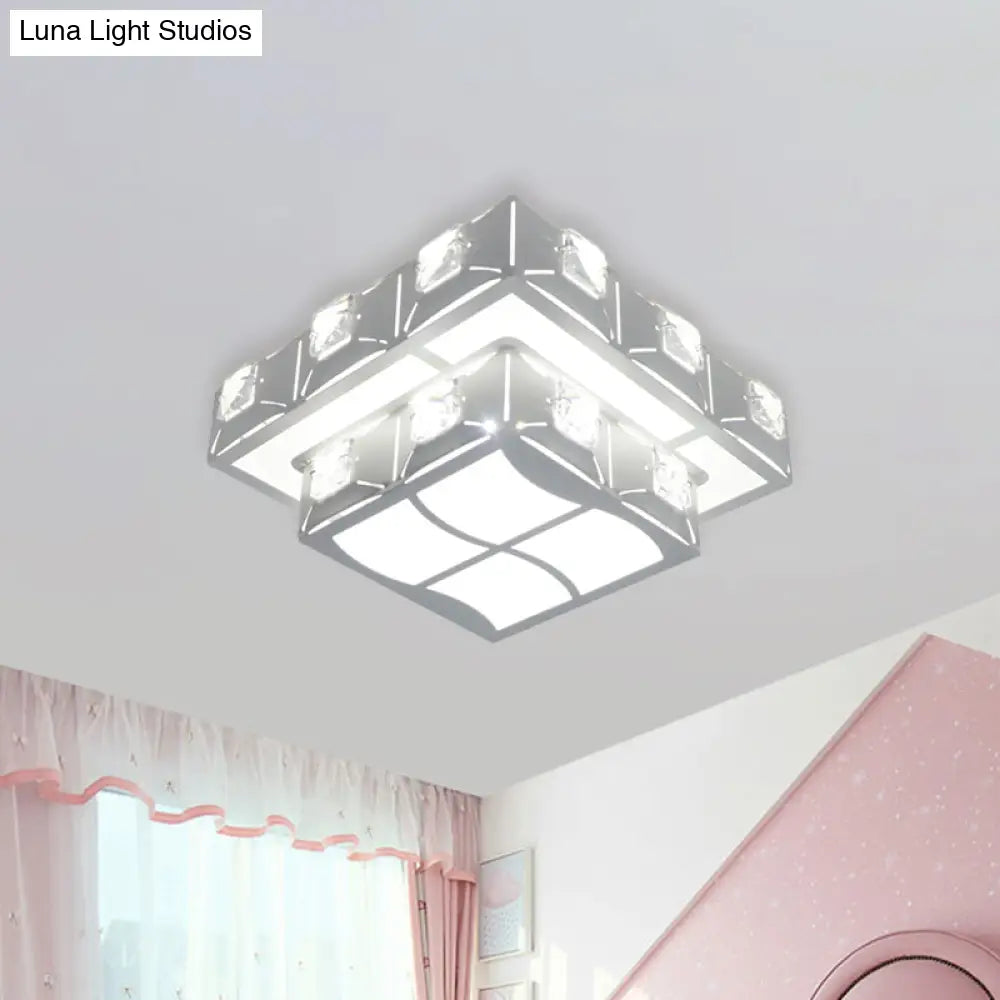 Modern Crystal Embedded 2 - Tier Square Ceiling Flush - Mount Light Fixture - White Led Corridor