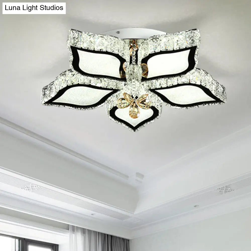 Modern Crystal Flower Flush Mount Ceiling Light For Bedroom White Led 3 Color Remote Control