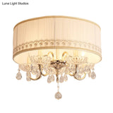 Modern Crystal Flush Light Fixture - White Candle With 5 Heads Fabric Shade & Ceiling Mounted Design