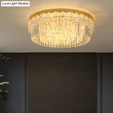 Modern Crystal Gold Flush Mount Light With Tri - Sided Drum Shape