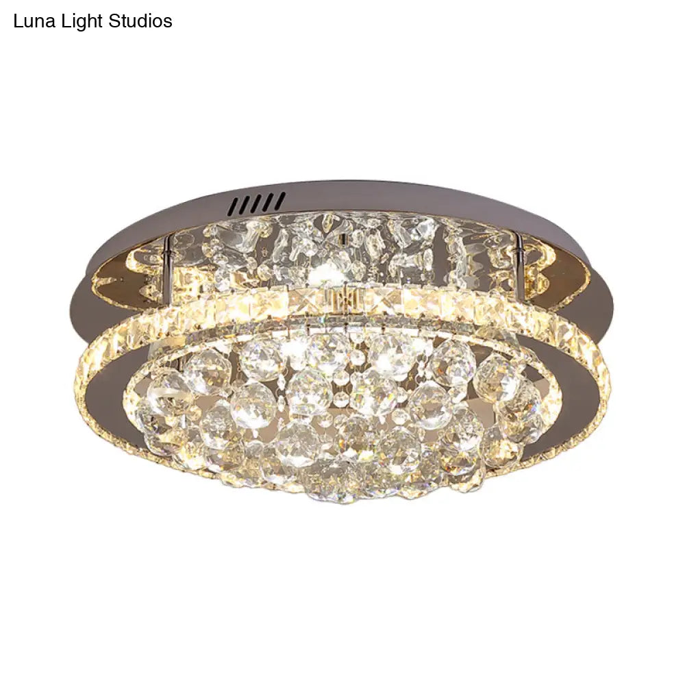Modern Crystal Hotel Led Ceiling Light With Waterfall Orb Drop - Mirrored Chrome Drum Semi Flush