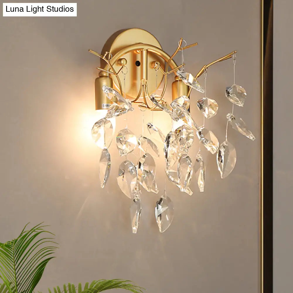 Modern Crystal Leaf Wall Sconce With Gold Finish - 2 Bulbs For Porch Lighting