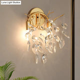 Modern Crystal Leaf Wall Sconce With Gold Finish - 2 Bulbs For Porch Lighting
