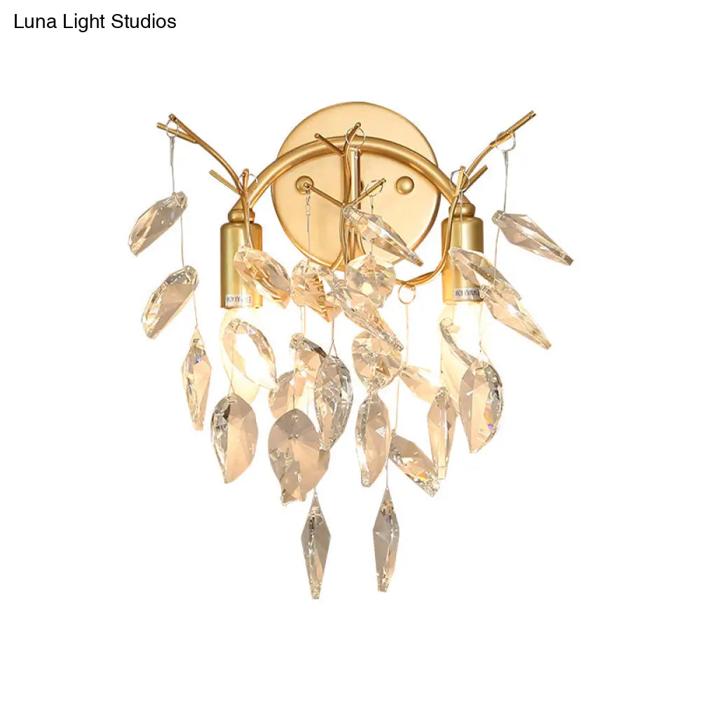 Modern Crystal Leaf Wall Sconce With Gold Finish - 2 Bulbs For Porch Lighting