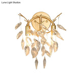 Modern Crystal Leaf Wall Sconce With Gold Finish - 2 Bulbs For Porch Lighting