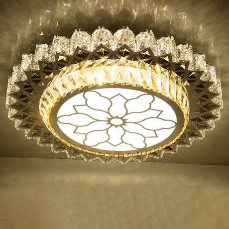 Modern Crystal Led Ceiling Light Fixture For Dining Room - Circular Flush Design With Stainless