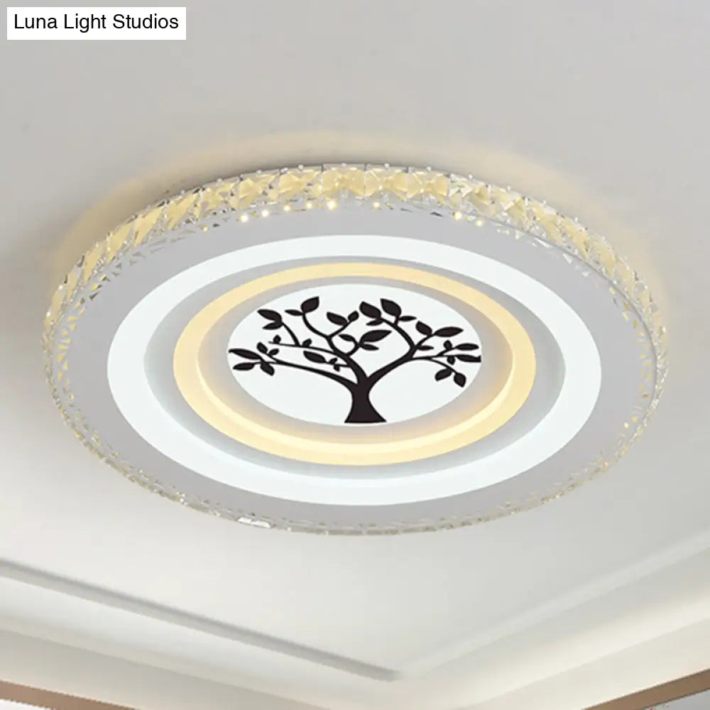 Modern Crystal Led Ceiling Light For Dining Rooms - Round Design Flush Mount White Finish