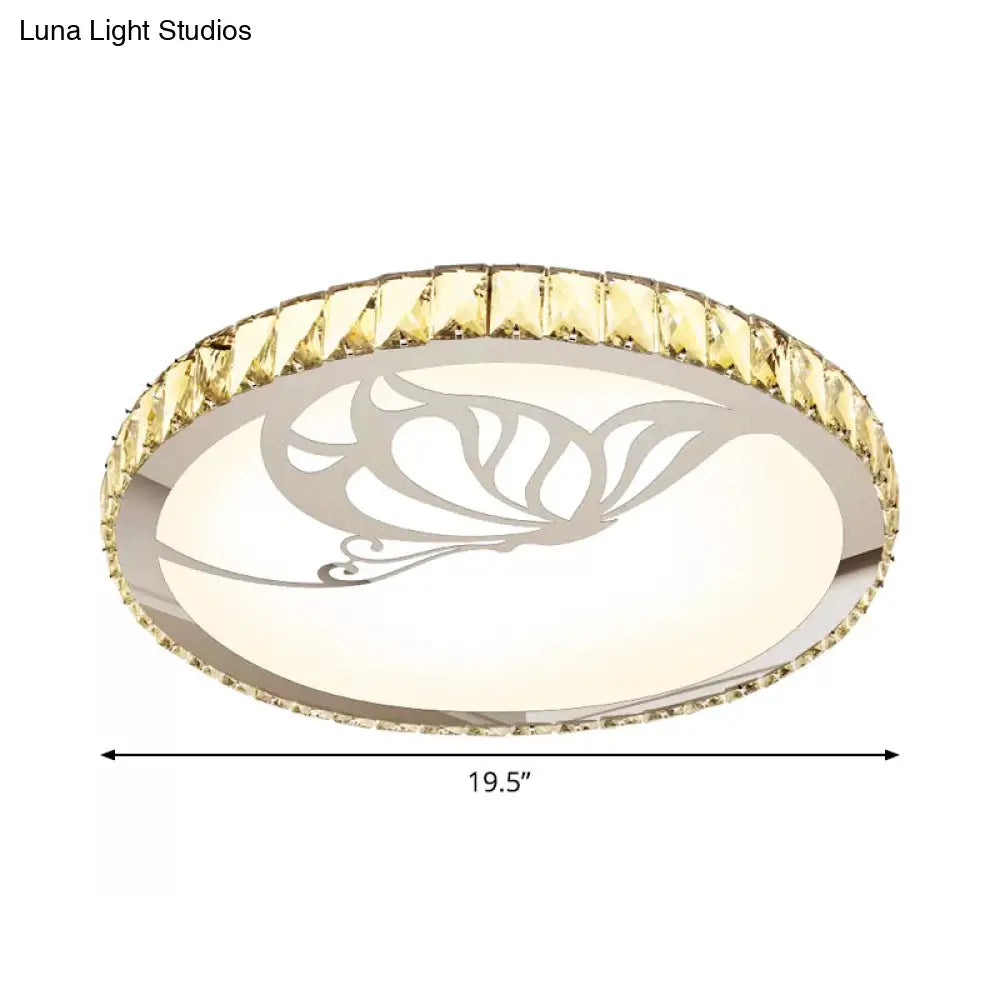 Modern Crystal Led Ceiling Light: Round Flush Mount With Warm/White Light And Butterfly/Petal