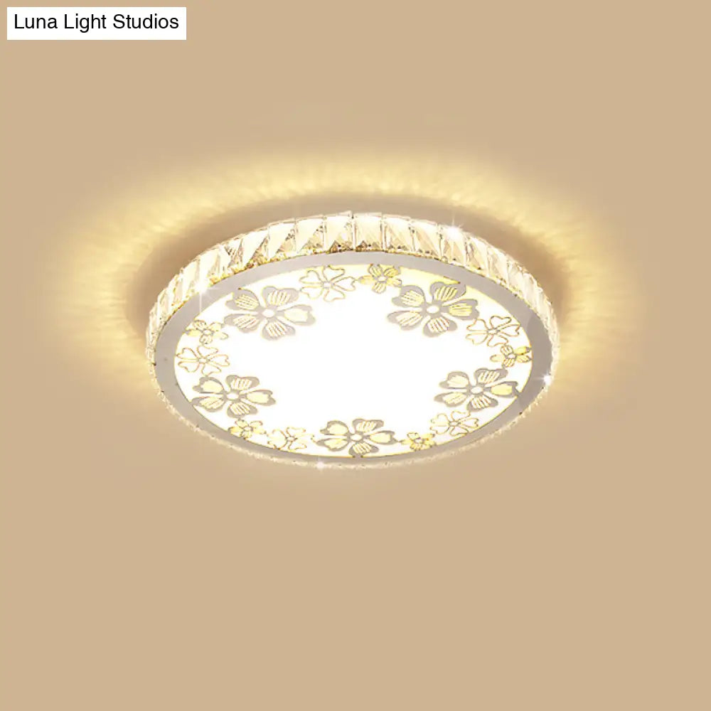Modern Crystal Led Ceiling Light: Round Flush Mount With Warm/White Light And Butterfly/Petal