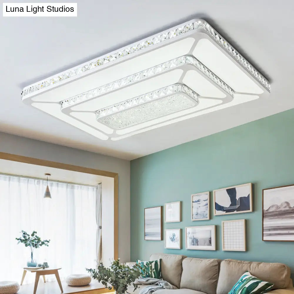 Modern Crystal Led Ceiling Light With White Rectangle Flushmount And Acrylic Diffuser