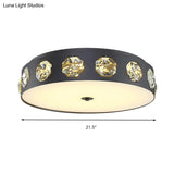 Modern Crystal Led Flush Light In Grey Drum Shape - Ideal For Living Room Ceiling 18’/21.5’ Dia
