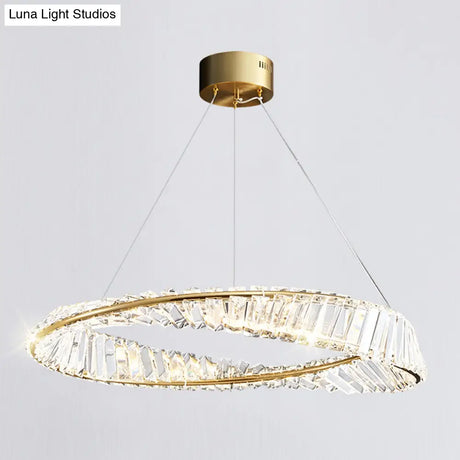 Modern Crystal Led Twisted Ring Chandelier - Stylish Brass Suspension Light For Dining Room