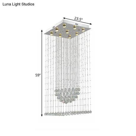 Modern Crystal Led Waterfall Pendant Light - 9-Bulb Silver Ceiling Lamp With Square Canopy
