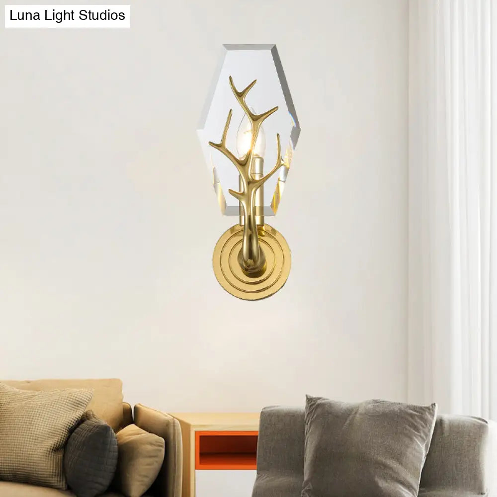 Modern Crystal Panel Sconce Light Fixture - Clear 1-Light Wall Mounted Lamp With Antler Deco