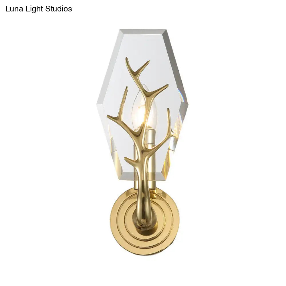 Modern Crystal Panel Sconce Light Fixture - Clear 1-Light Wall Mounted Lamp With Antler Deco