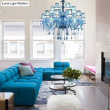 Modern Crystal Pendant Chandelier Blue Hanging Light 6/18 Bulbs Candle/Bell Design 23.5’’/37.5’’ W