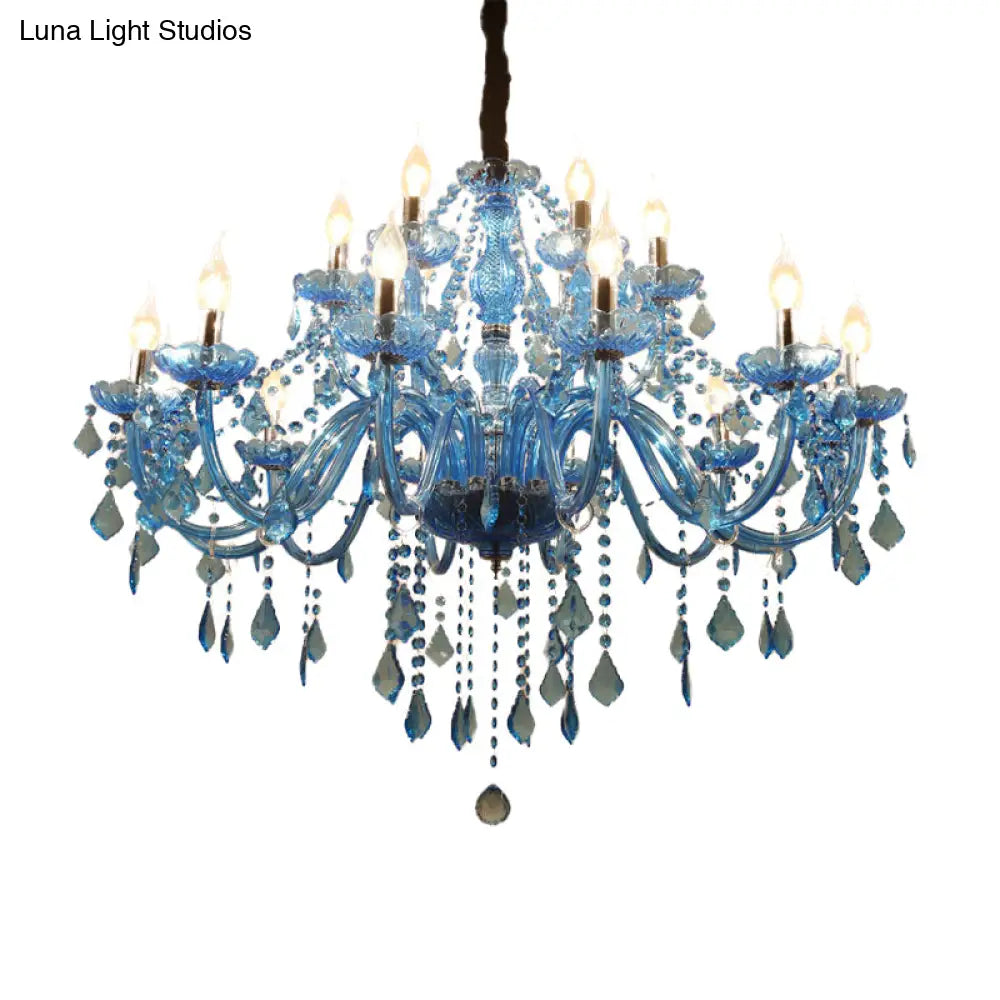 Modern Crystal Pendant Chandelier Blue Hanging Light 6/18 Bulbs Candle/Bell Design 23.5’’/37.5’’ W