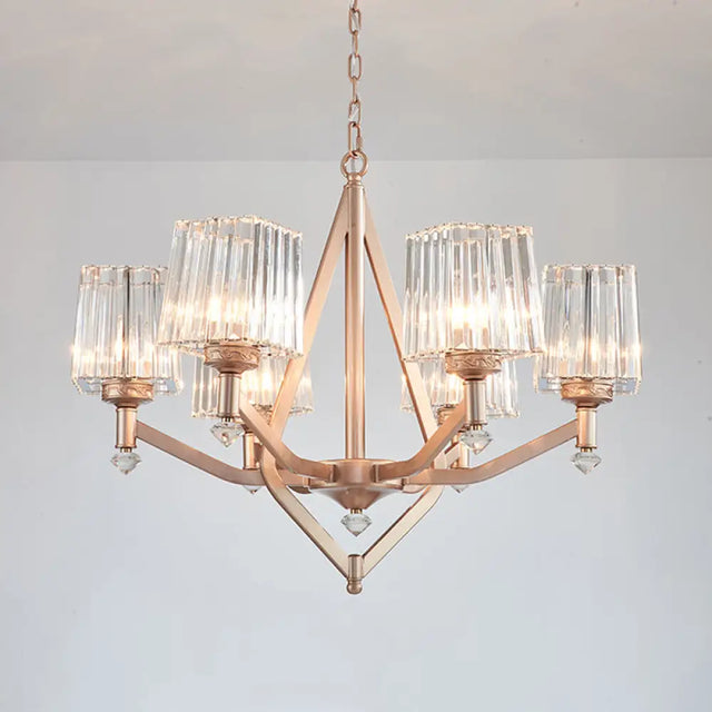 Modern Crystal Prism Rose Gold Hanging Chandelier - 6 Light-Up Cubic Lamp For Hotels