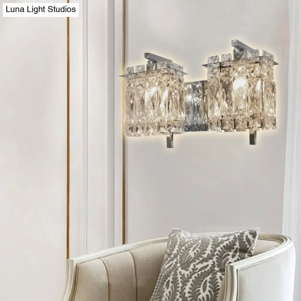 Modern Crystal Rectangle Wall Light With 1/2/3 Lights - Flush Mount Sconce In Chrome/Gold For Living