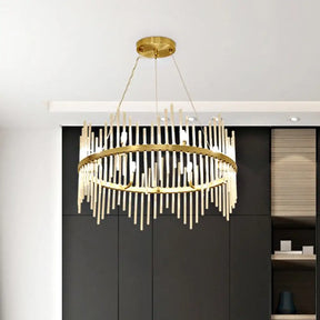 Modern Crystal Rod Chandelier Pendant Light Round Brass Hanging Kit For Living Room (6/8 Lights) 6 /