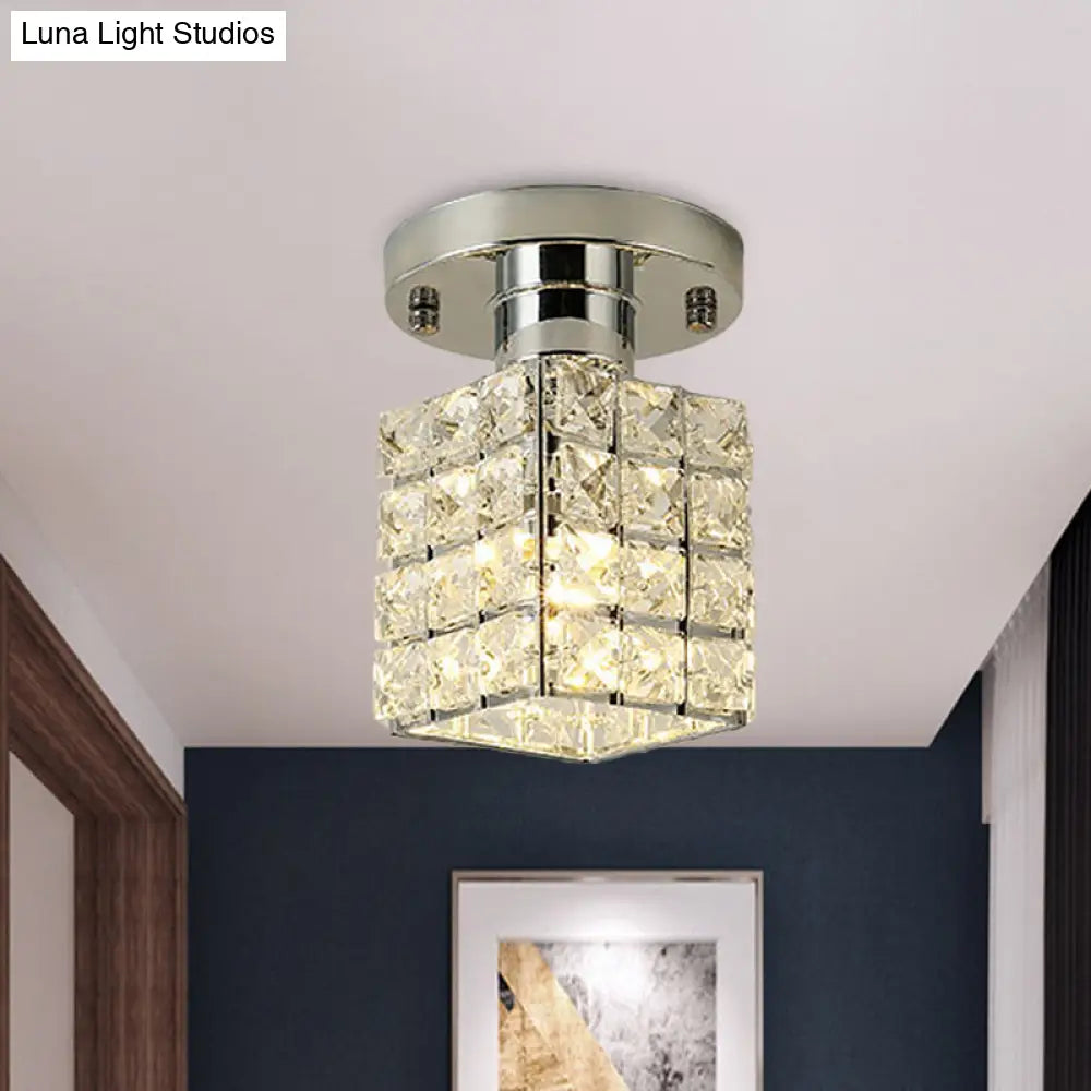 Modern Crystal Semi Flushmount Ceiling Light With Rectangle Block Shade