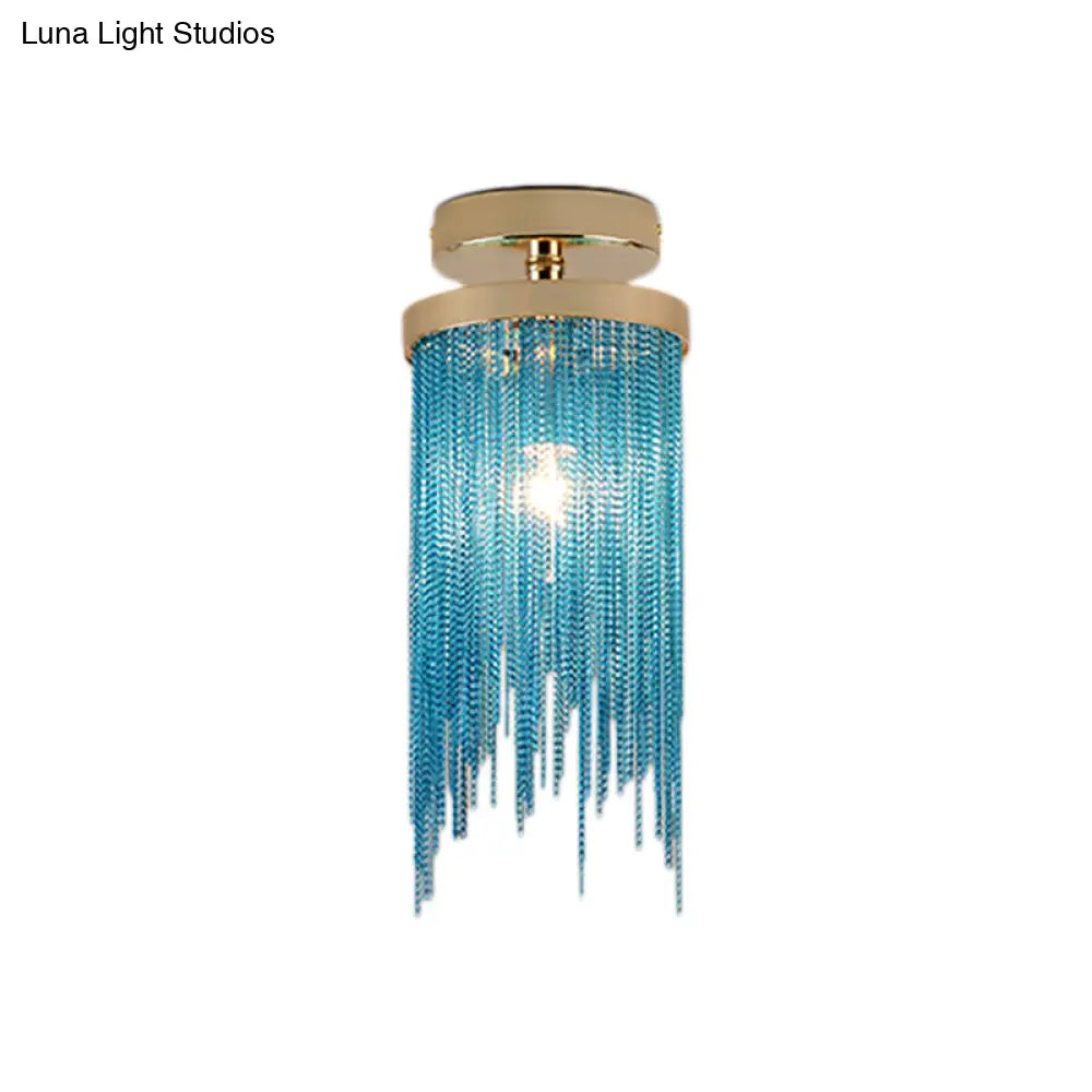 Modern Crystal Strand Semi Flush Ceiling Light - 1 Blue/Green/Chrome