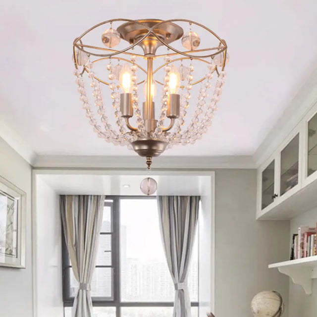 Modern Crystal Strand Semi Flush Mount Light With 3 Silver Ceiling Lights