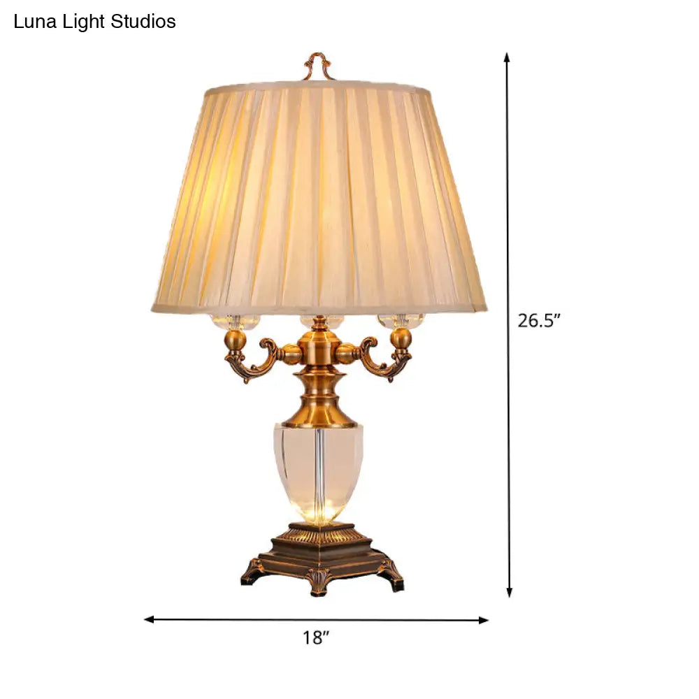 Modern Crystal Task Lamp With 3 Tapered Heads - Beige Fabric Reading Light