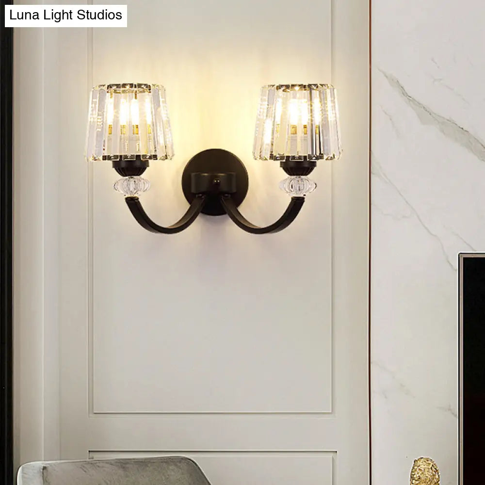 Modern Crystal Wall Lamp: Clear Barrel With Curved Arm In Black/Gold - 1/2-Light Mounted Lighting