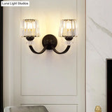 Modern Crystal Wall Lamp: Clear Barrel With Curved Arm In Black/Gold - 1/2-Light Mounted Lighting