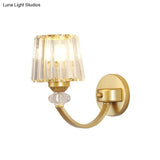 Modern Crystal Wall Lamp: Clear Barrel With Curved Arm In Black/Gold - 1/2-Light Mounted Lighting