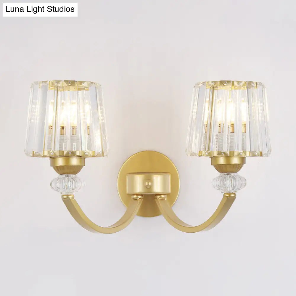 Modern Crystal Wall Lamp: Clear Barrel With Curved Arm In Black/Gold - 1/2-Light Mounted Lighting